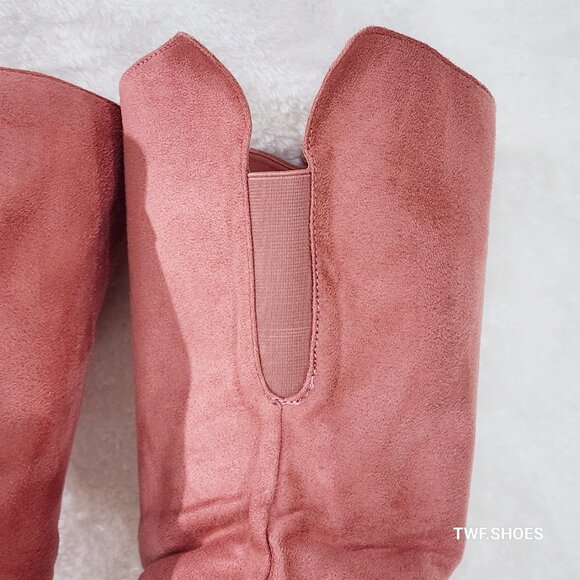 Bad Girlz Dusty Rose Blush Pink Faux Suede Wide Top Thigh High Boots Chain - Picture 14 of 14